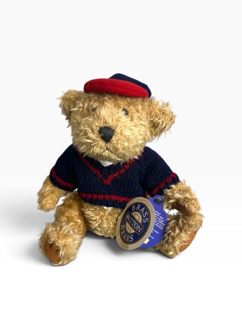 Brass Button Teddy Bear Tully Stuffed Animal Jointed Plush Blue Red Sweater Cap